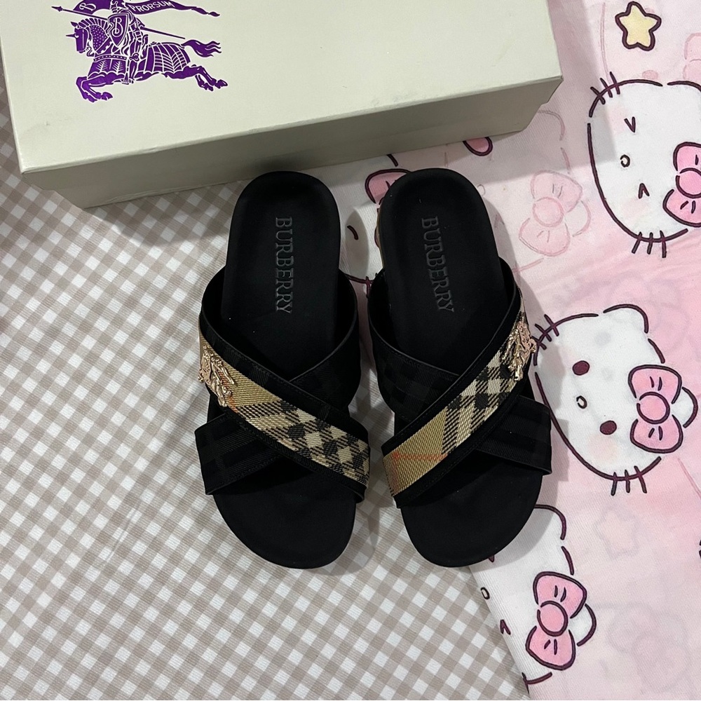 Burberry Black and Beige Check Crossband Slide Sandals